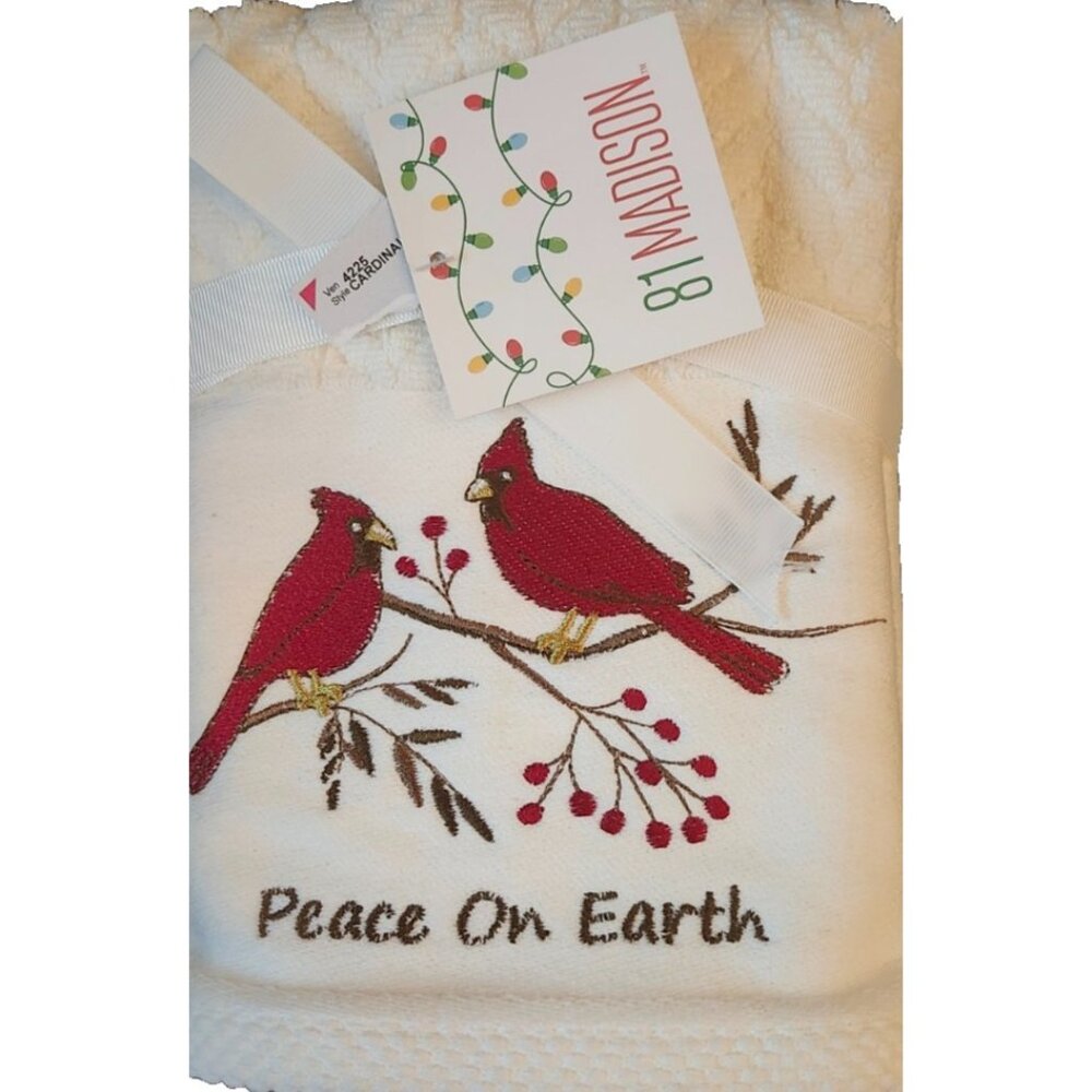 Peace On Earth 2 Embroidered Red Cardinals Christmas Kitchen Towels